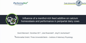 Präsentationsfolie von PerformaNat und der Freien Universität Berlin zur 75. GfE-Tagung mit dem Titel ‚Influence of a menthol-rich feed additive on calcium homeostasis and performance in peripartal dairy cows‘.