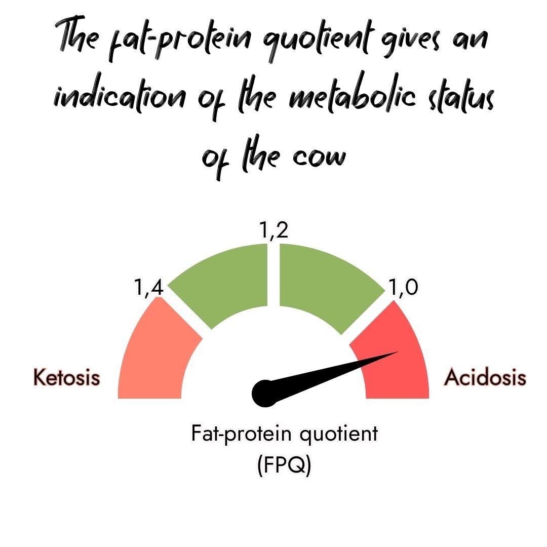 Gauge chart for Fat-protein quotient (FPQ) in cows. Values above 1.4 indicate Ketosis (red), 1.2 to 1.4 is optimal (green), and values below 1.0 indicate Acidosis (red).