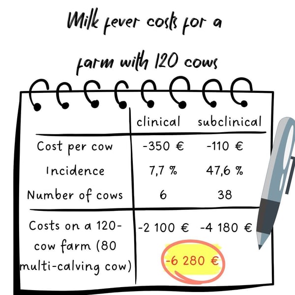 Notepad infographic breaking down clinical and subclinical milk fever costs for a 120-cow farm. It lists costs per cow, incidence rates, affected cow numbers, and highlights a total combined cost of 6,280 €.
