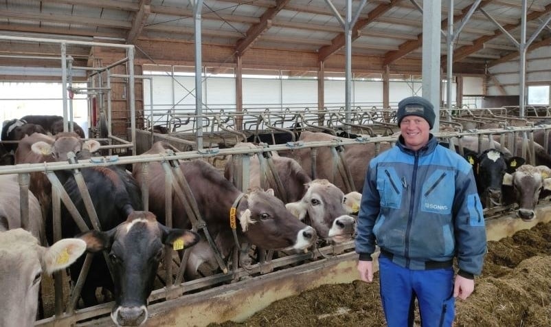 Landwirt Christian Merk steht konzentriert in seinem modernen Laufstall und bereitet die Anwendung des PerformaNat CalciumBolus bei seinen braun-grauen Kühen vor.