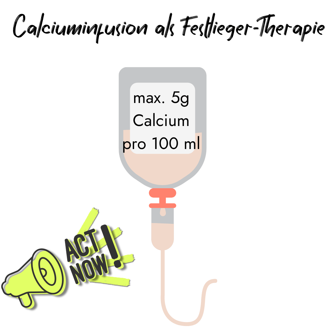 Eine Infografik stellt eine Calciuminfusion als Festliegertherapie dar und enthält einen dringenden Aufruf zum schnellen Handeln.