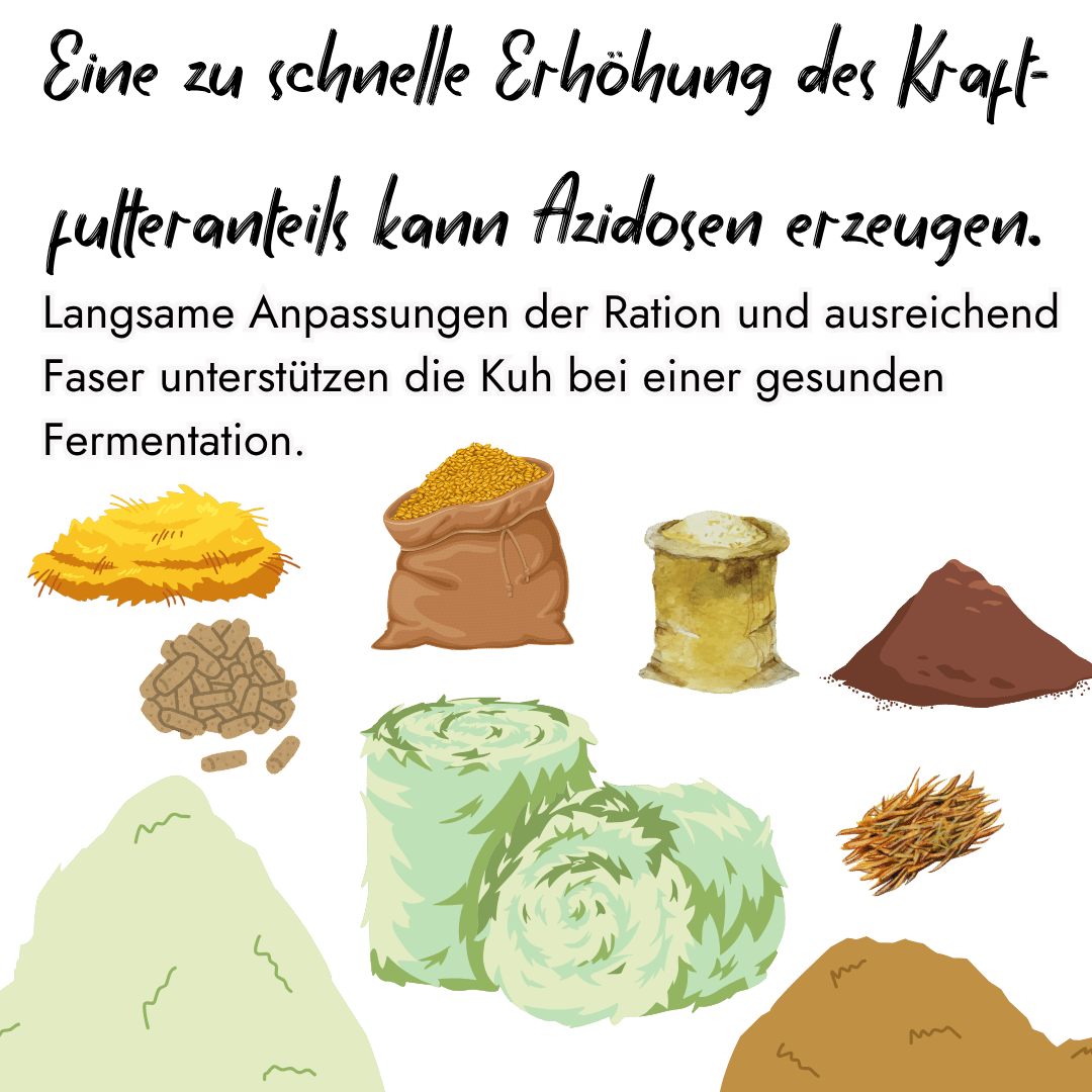 Infografik von PerformaNat zur optimalen Rationsgestaltung bei Kühen. Verschiedene Futtermittel wie Heu, Silageballen, Kraftfutter und Getreidesäcke illustrieren die Bedeutung von Faseranteilen für eine gesunde Fermentation.