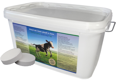 A white rectangular bucket containing PerformaNat Electrolyte Tabs for treating calf diarrhea, shown with two individual effervescent tablets in the foreground. A white rectangular bucket containing PerformaNat Electrolyte Tabs for treating calf diarrhea, shown with two individual effervescent tablets in the foreground.