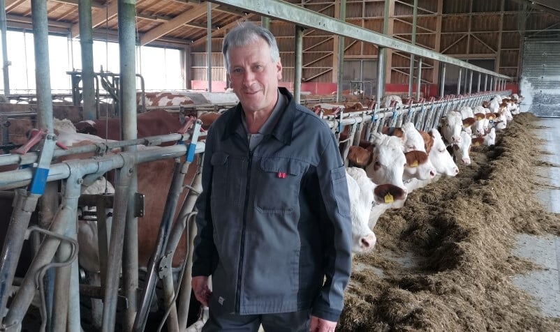 Landwirt vom Betrieb Fischer steht in einem Kuhstall mit gesunden und glücklichen Kühen. Erfolgreiche PerformaNat CalciumBolus Erfahrung.