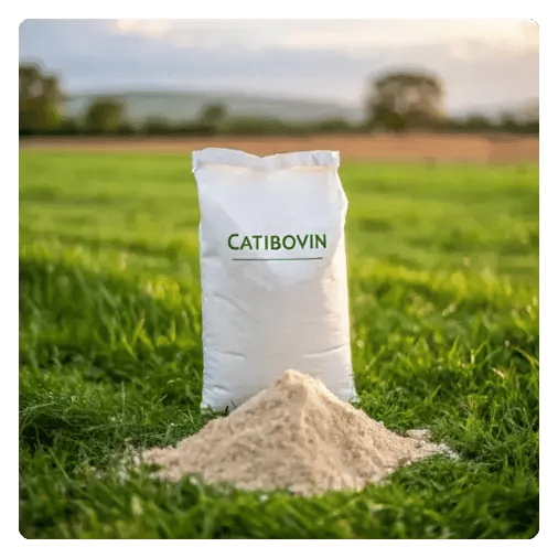 Ein weißer Sack des Ergänzungsfuttermittels Catibovin von PerformaNat steht auf einer grünen Wiese. Im Vordergrund liegt ein kleiner Haufen des hellen Pulvers auf dem Gras. Ein weißer Sack des Ergänzungsfuttermittels Catibovin von PerformaNat steht auf einer grünen Wiese. Im Vordergrund liegt ein kleiner Haufen des hellen Pulvers auf dem Gras.