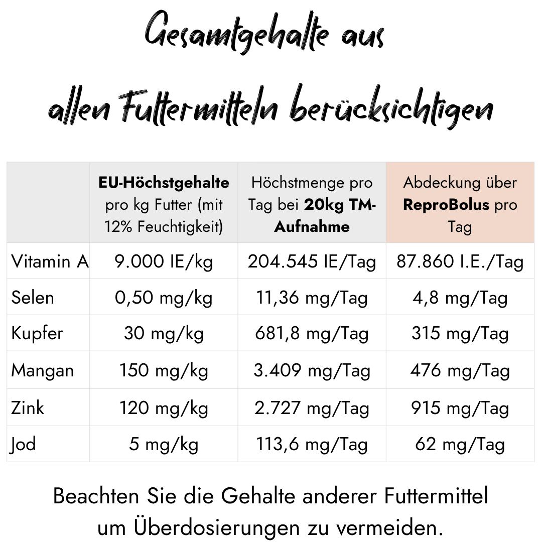 Tabelle zur Nährstoffzusammensetzung des ReproBolus zeigt den täglichen Gehalt an Vitamin A, Selen, Kupfer, Mangan, Zink und Jod im Vergleich zu den EU-Höchstgehalten bei 20 kg Trockenmasse-Aufnahme.