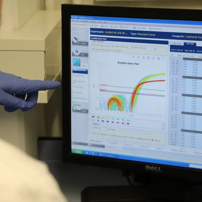 Ein blauer Laborhandschuh deutet auf eine wissenschaftliche Grafik am Monitor. PerformaNat Produkte basieren auf Forschung. Ein blauer Laborhandschuh deutet auf eine wissenschaftliche Grafik am Monitor. PerformaNat Produkte basieren auf Forschung.
