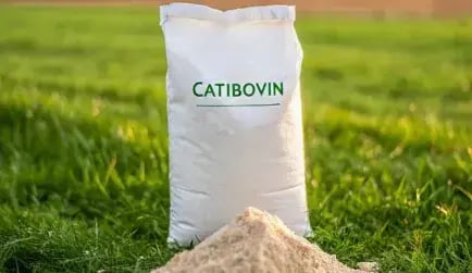 Ein Sack des Produkts CatiBovin von PerformaNat steht auf einer grünen Wiese mit einer Futterprobe im Vordergrund. Das Mineralfutter für Rinder dient der gezielten Unterstützung des Stoffwechsels und einer optimalen Nährstoffversorgung der Tiere.