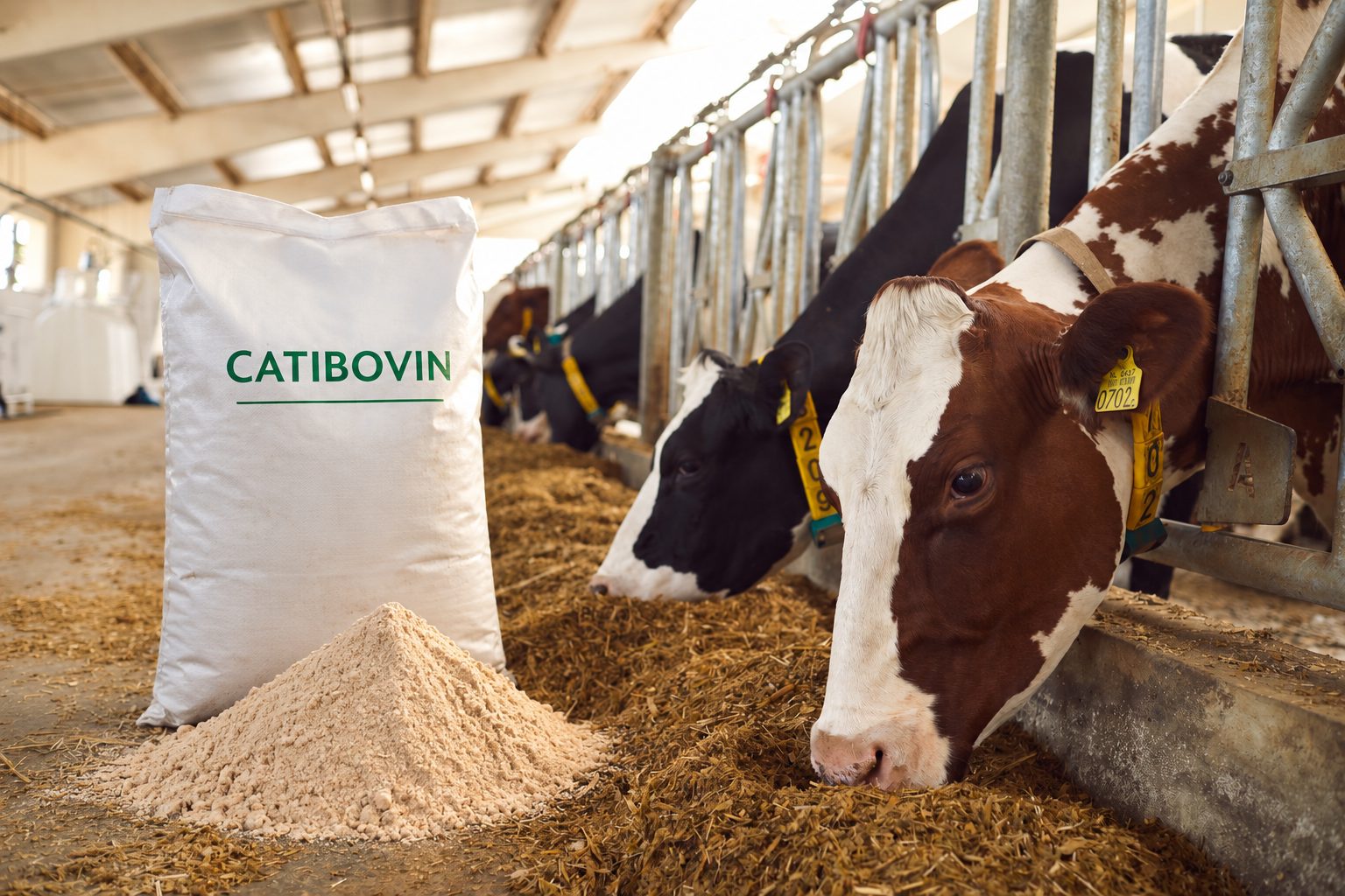 CatiBovin Produktplatzierung mit Futtersack und Milchkühen im Kuhstall